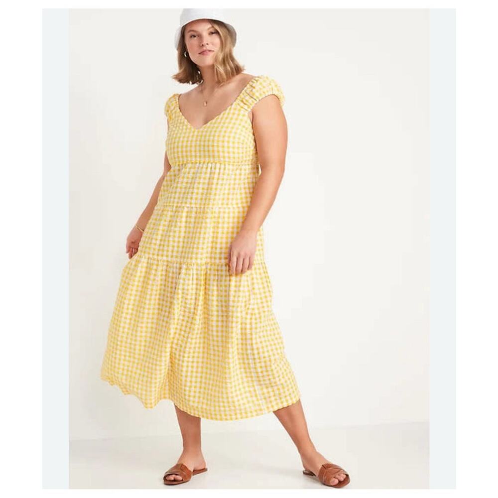 Old Navy Seersucker Tiered Yellow gingham Maxi dress prairie cottagecore Sz 4X